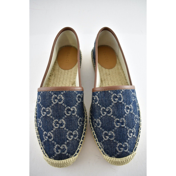 Gucci Jacquard Denim Blue Tea Brown Leather Ivory GG Logo Flat Espadrilles 36 - Picture 7 of 11